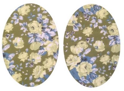 Pair of Iron On Oval Shape Elbow and Knee patches in Green Tea Rose cotton blend fabric by Vintage-Patch.co.uk