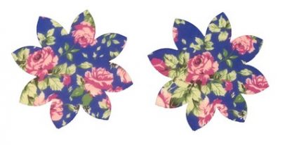 Pair of Iron On Flower Shape Adult Elbow and Knee patches in Royal Blue Tea Rose cotton blend fabric by Vintage-Patch.co.uk