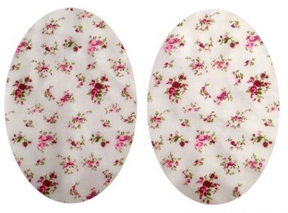 Pair of Iron On Oval Shape Elbow and Knee patches in White and Red Rose Sprig cotton blend fabric