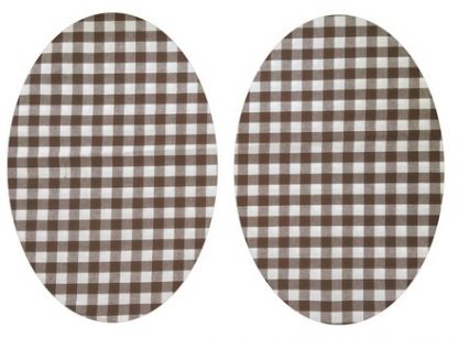 Pair of Iron On Oval Shape Elbow and Knee patches in Brown Gingham Poly Cotton Fabric