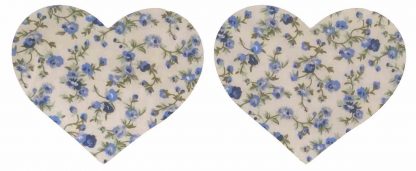 Pair of Iron On Heart Shape Child Elbow and Knee patches in Cream Blue Trailing Rose cotton blend fabric by Vintage-Patch.co.uk