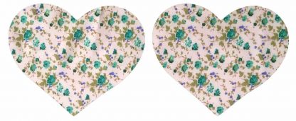 Pair of Iron On Heart Shape Mini Elbow and Knee patches in Jade Green Rose Print cotton blend fabric by Vintage-Patch.co.uk