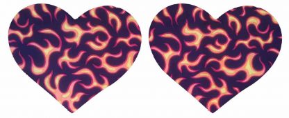 Pair of Iron On Heart Shape Mini Elbow and Knee patches in Orange Flame Print pure cotton fabric by Vintage-Patch.co.uk