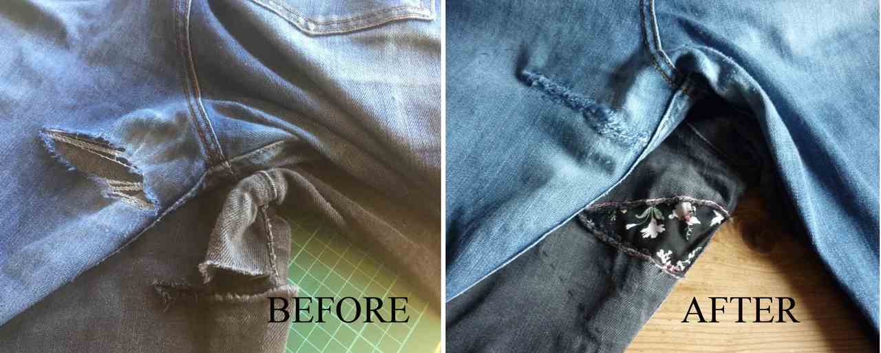 Before and After of blue and black denim jeans with tears repaired with iron on reverse repair patches by vintage-patch.co.uk in floral and denim designs