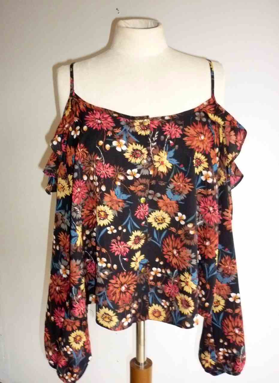 Black Red Floral Strappy Cold Shoulder Blouse ATMOSPHERE Size UK 14 Excellent Condition