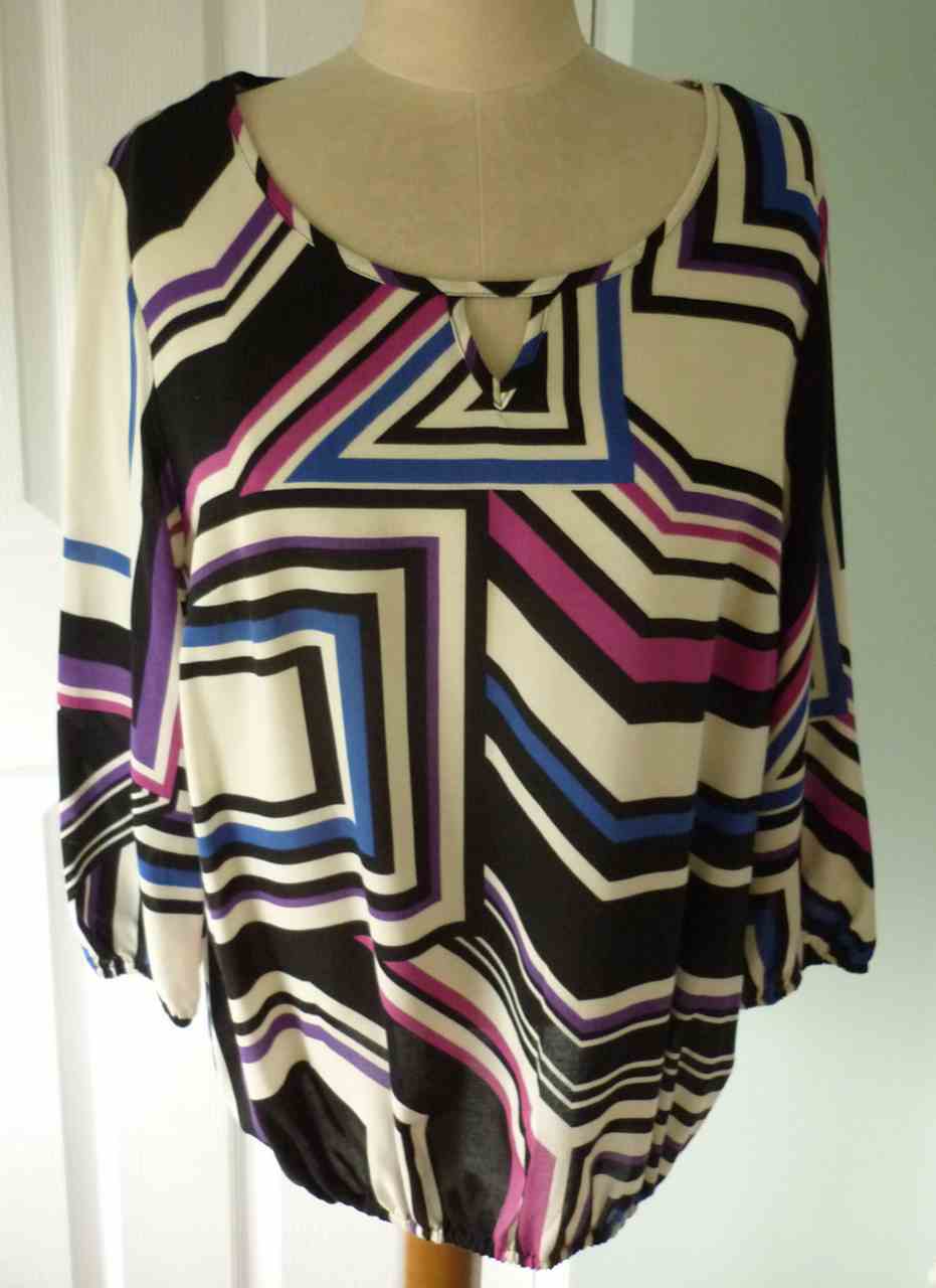 Geometric Print Round Neck Top by BHS W Label, Size UK 12, 3/4 Sleeves, Excellent Condition