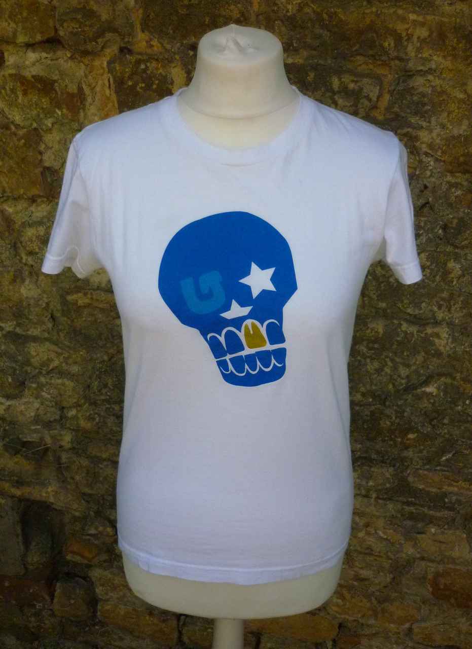 White Blue Snowboard T Shirt by BURTON Skull Motif Size L UK 10 Good Condition