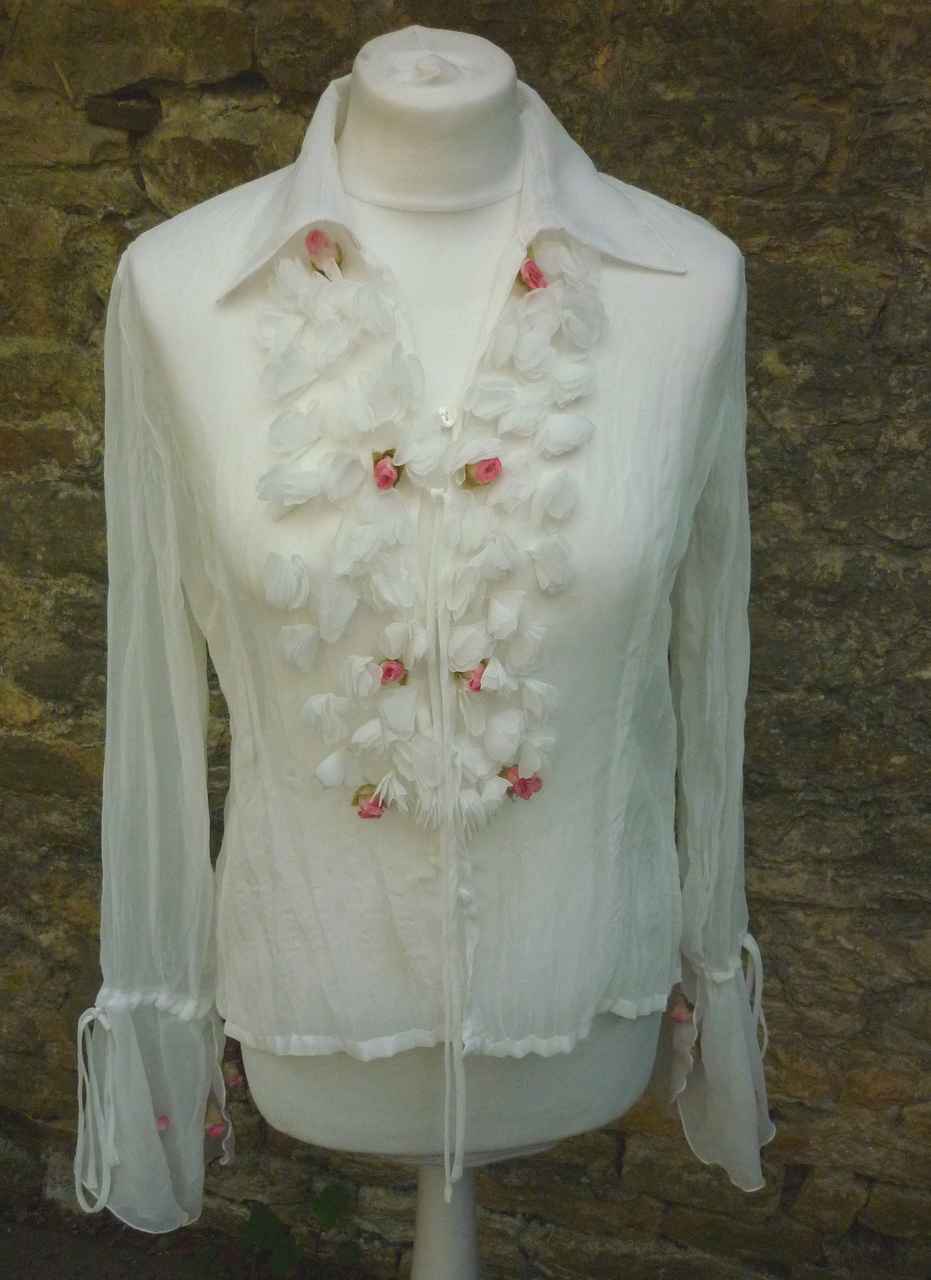 White Sheer Chiffon Blouse CORONETS AND QUEENS S Size 8/10 36/38 Rosebud Embellished
