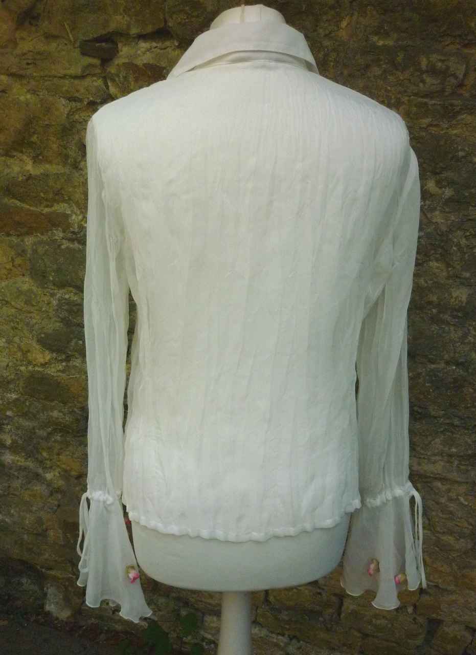 White Sheer Chiffon Blouse CORONETS AND QUEENS S Size 8/10 36/38 Rosebud Embellished - Image 2