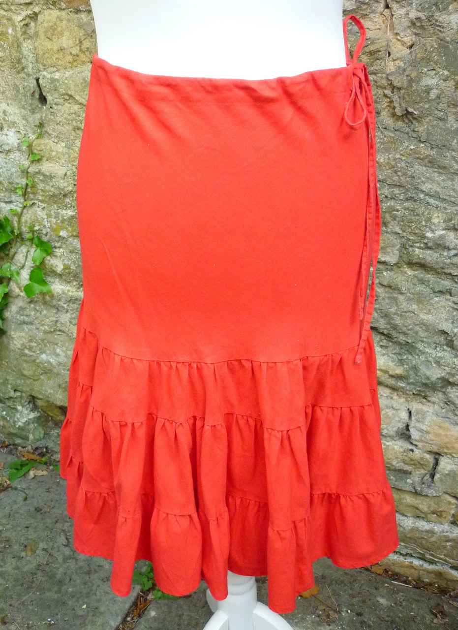 Red Linen Drawstring Tiered Peasant Skirt ATMOSPHERE Size UK 8 36 Knee Length