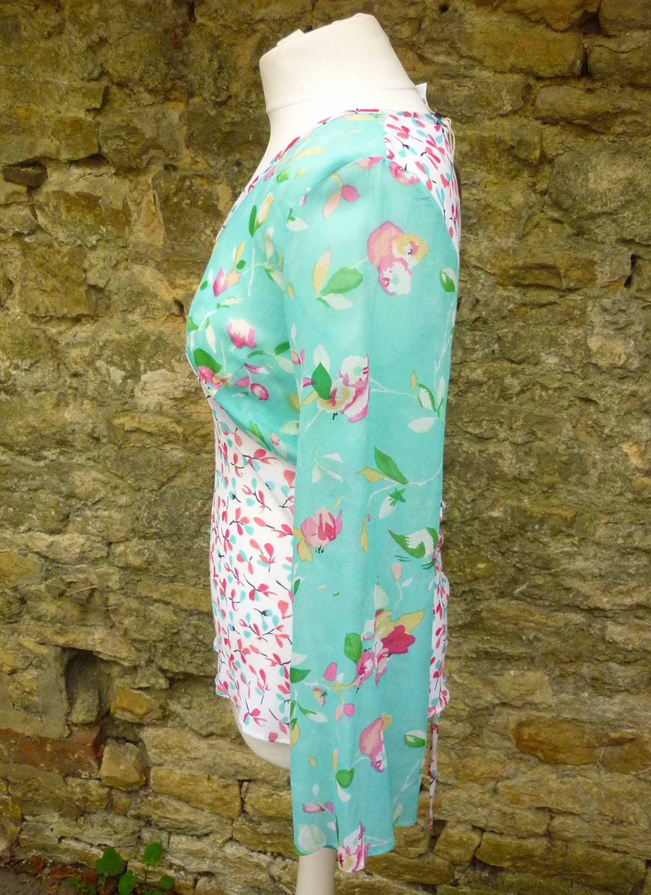 Turquoise Floral Silky Chiffon Top V Neck Size UK 12-14 AUGUST SILK Excellent Condition - Image 3