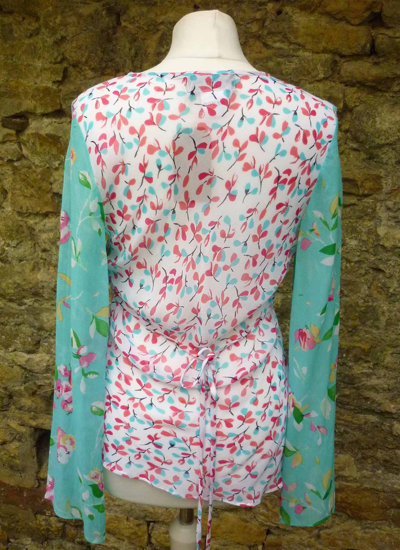 Turquoise Floral Silky Chiffon Top V Neck Size UK 12-14 AUGUST SILK Excellent Condition - Image 4