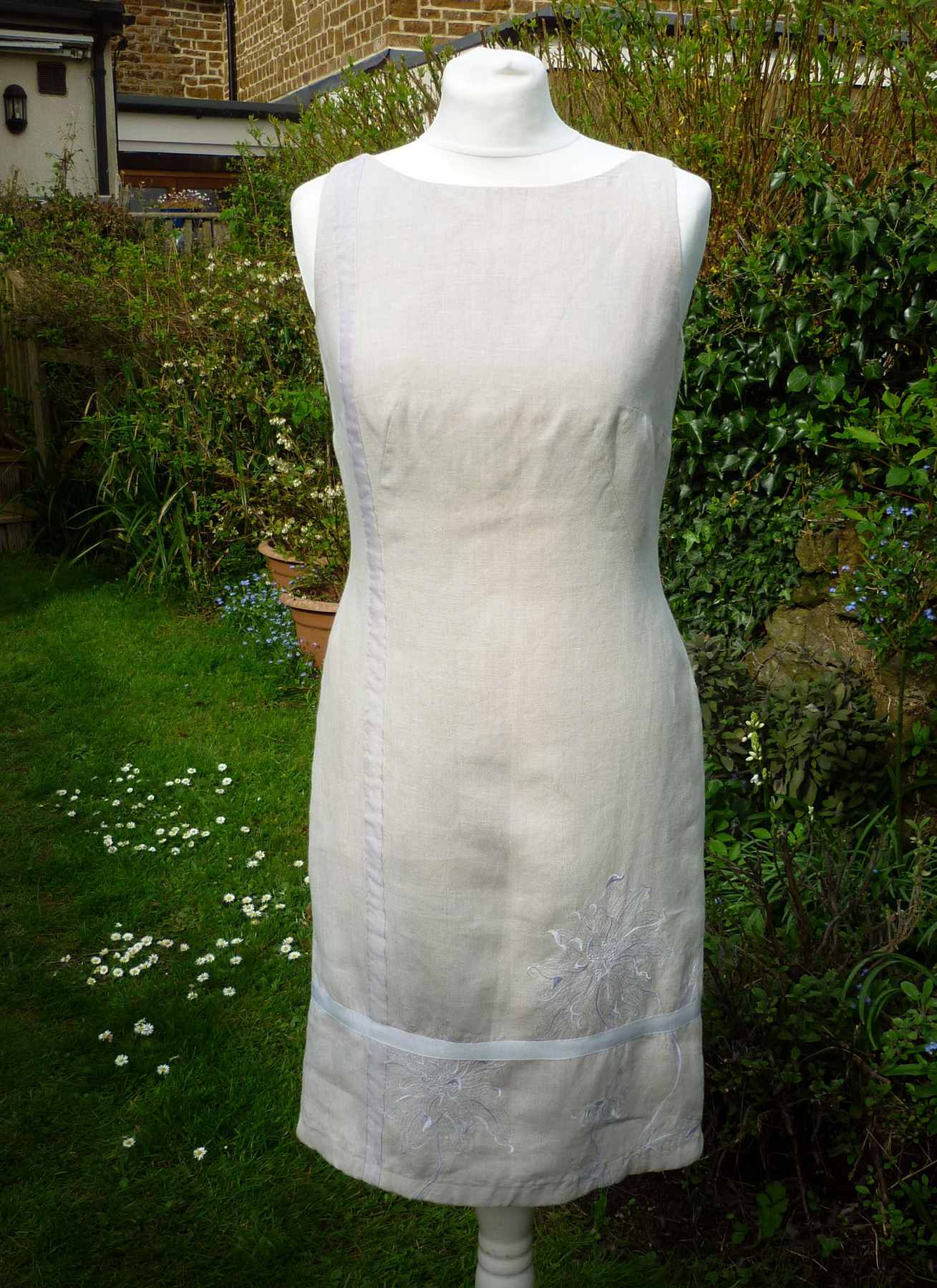Cream Beige Linen Shift Dress Vintage LAURA ASHLEY UK8 (34) 1990s Embroidered - Image 2