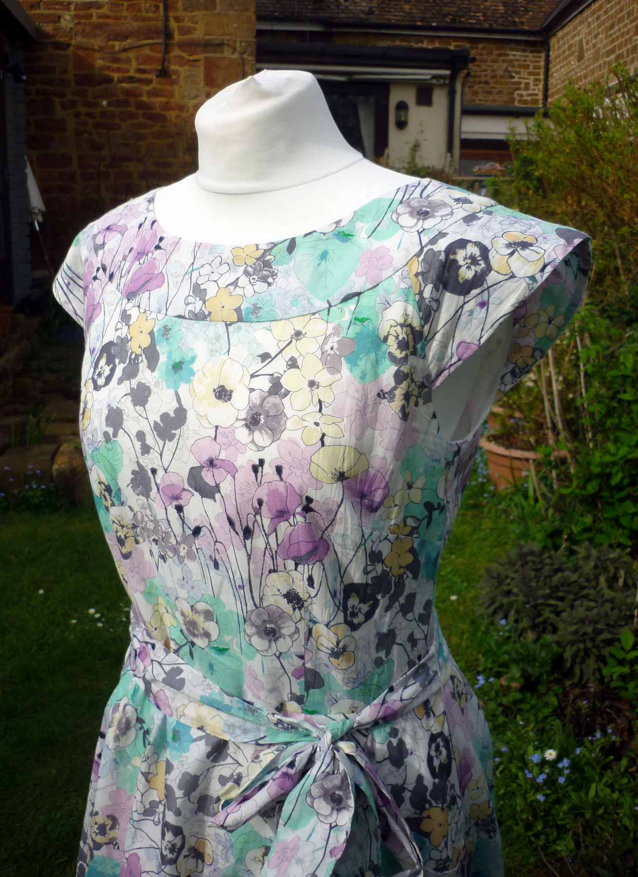 Green Pink Pansy Print Retro Style Dress LAURA ASHLEY UK12 (38) Cotton Fit and Flare Midi - Image 4