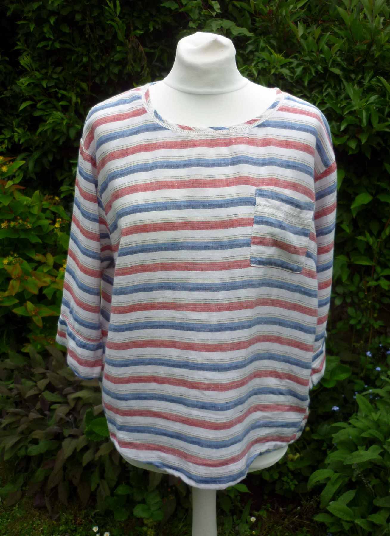 Pure Linen Stripe Top Red Blue Cream MONSOON UK 12 - 14 (40) 3/4 Sleeve T Shirt