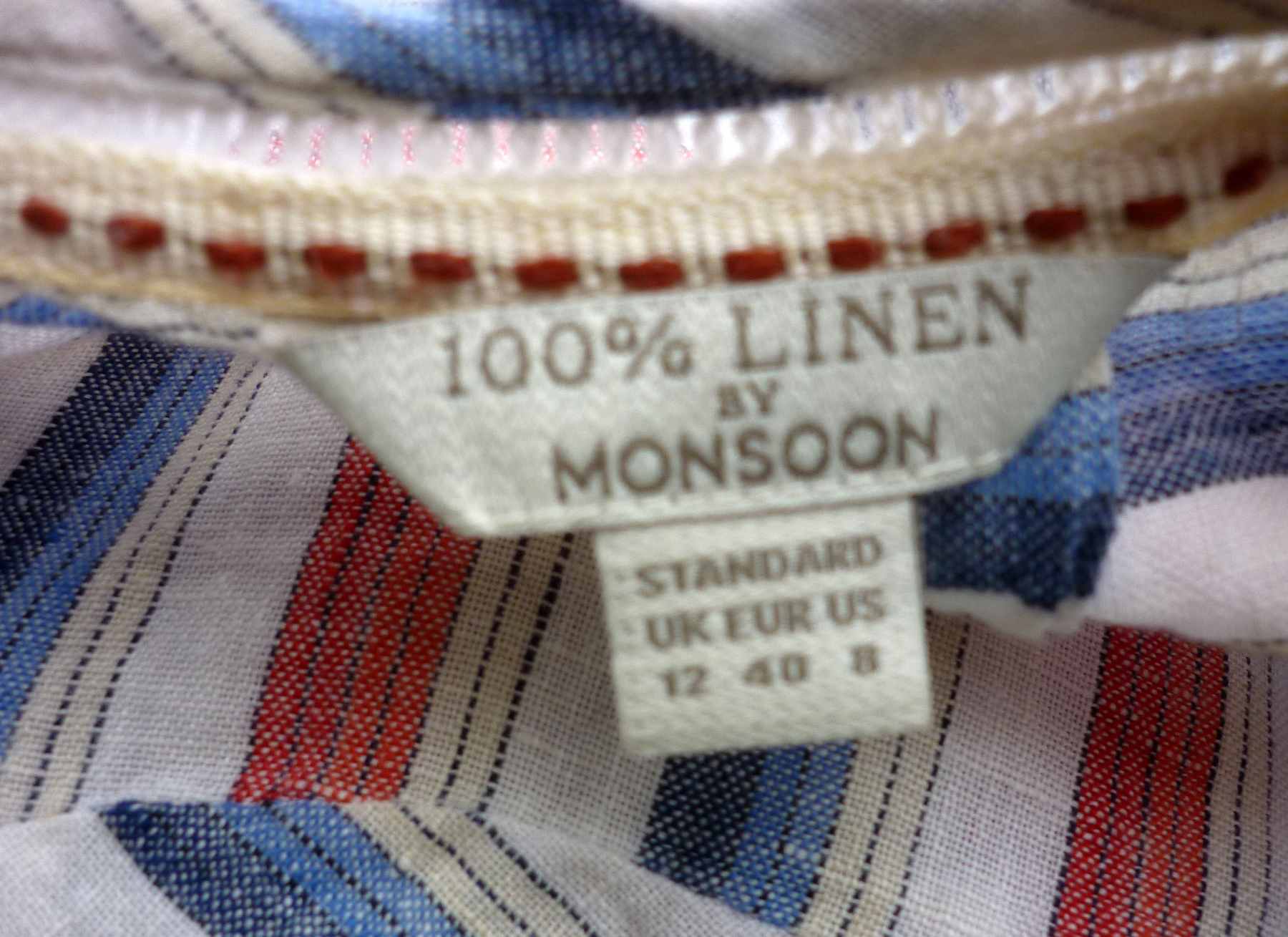 Pure Linen Stripe Top Red Blue Cream MONSOON UK 12 - 14 (40) 3/4 Sleeve T Shirt - Image 5