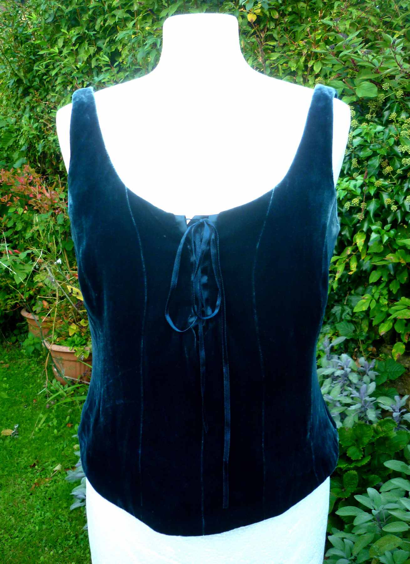 Blue Green Velvet Corset LAURA ASHLEY UK14 (40) Vintage 1980/90s Lace Front Bustier