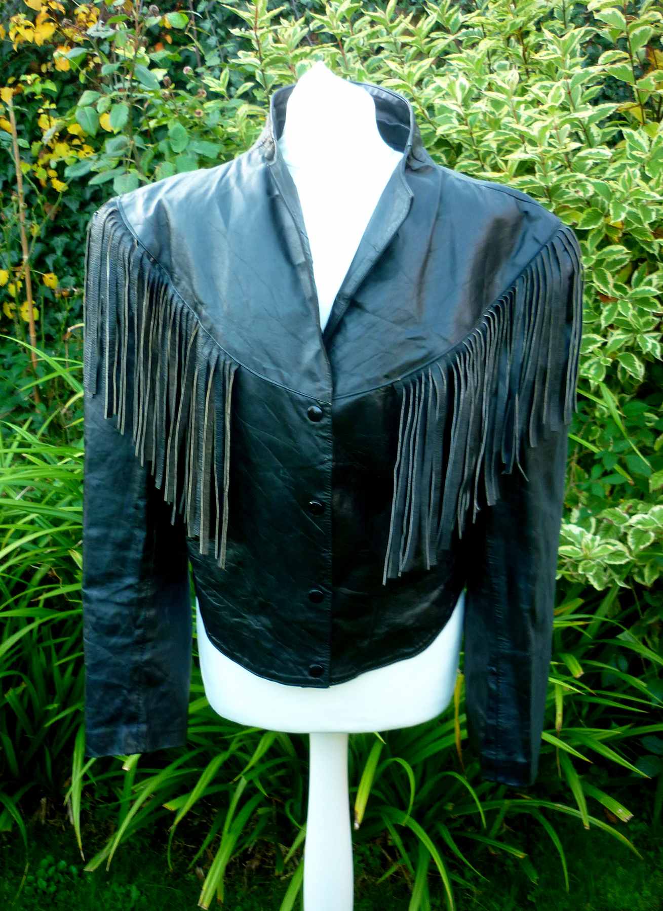 Black Fringed Jacket Real Leather 1980s Vintage D REVI Mexico UK14-16 L Biker Cropped