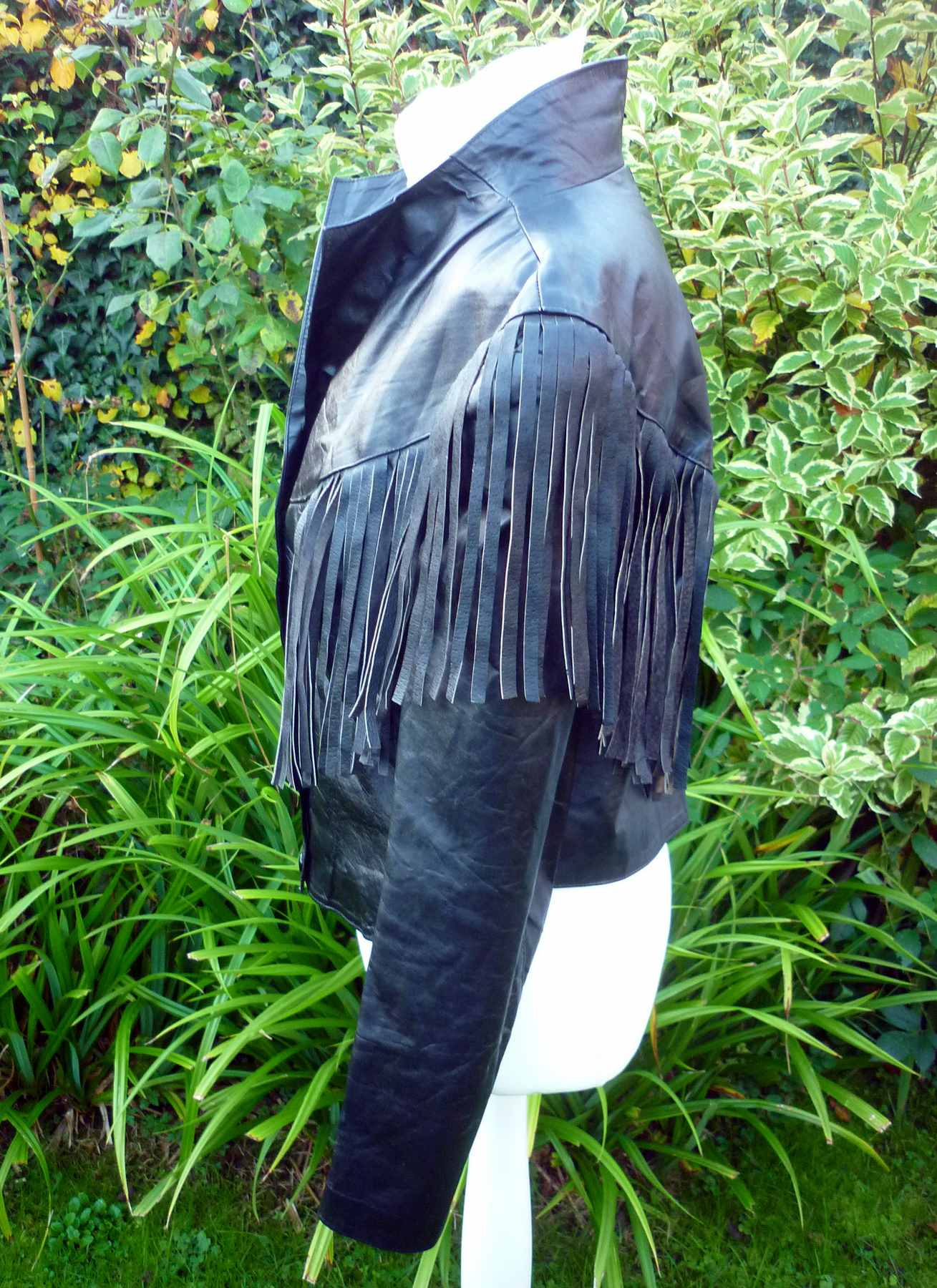 Black Fringed Jacket Real Leather 1980s Vintage D REVI Mexico UK14-16 L Biker Cropped - Image 4