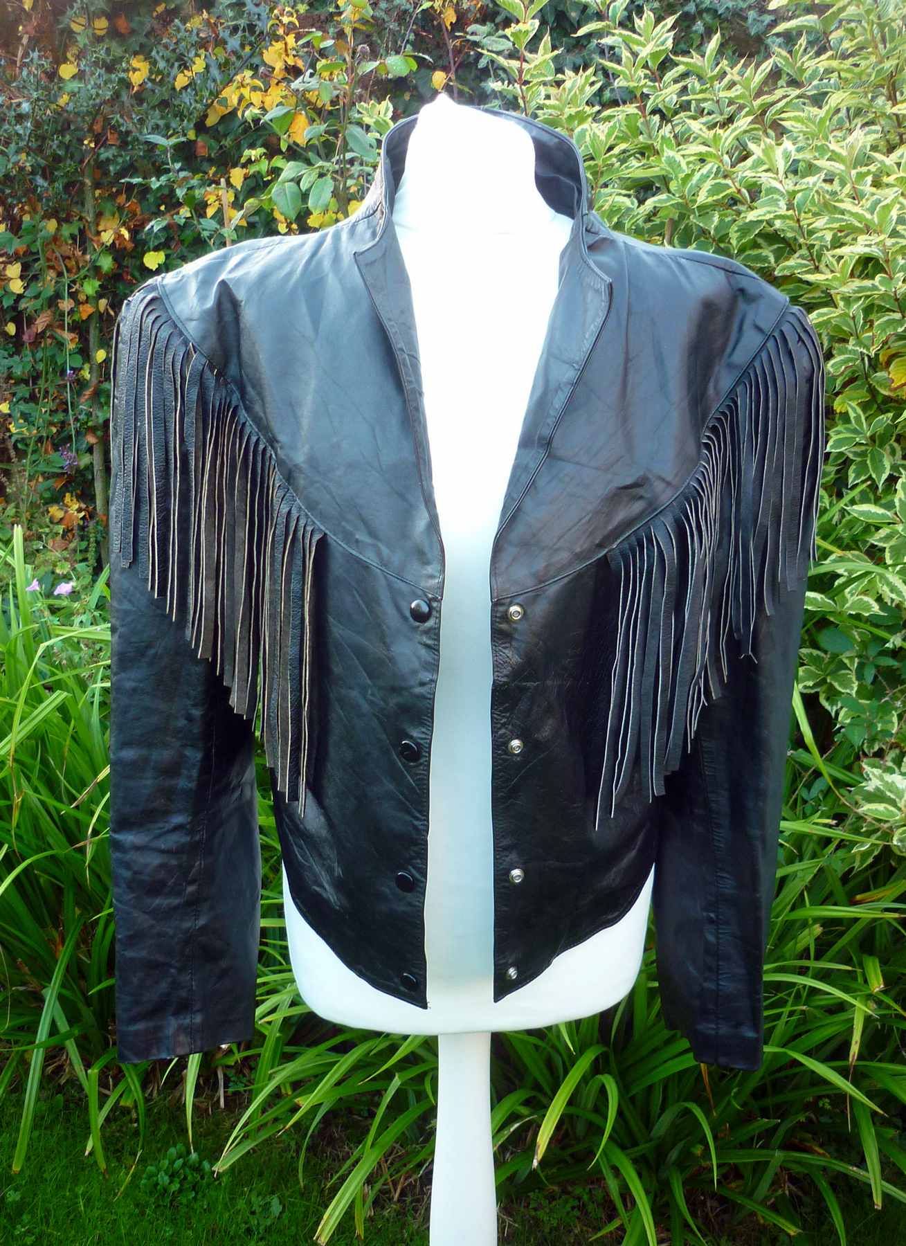 Black Fringed Jacket Real Leather 1980s Vintage D REVI Mexico UK14-16 L Biker Cropped - Image 2