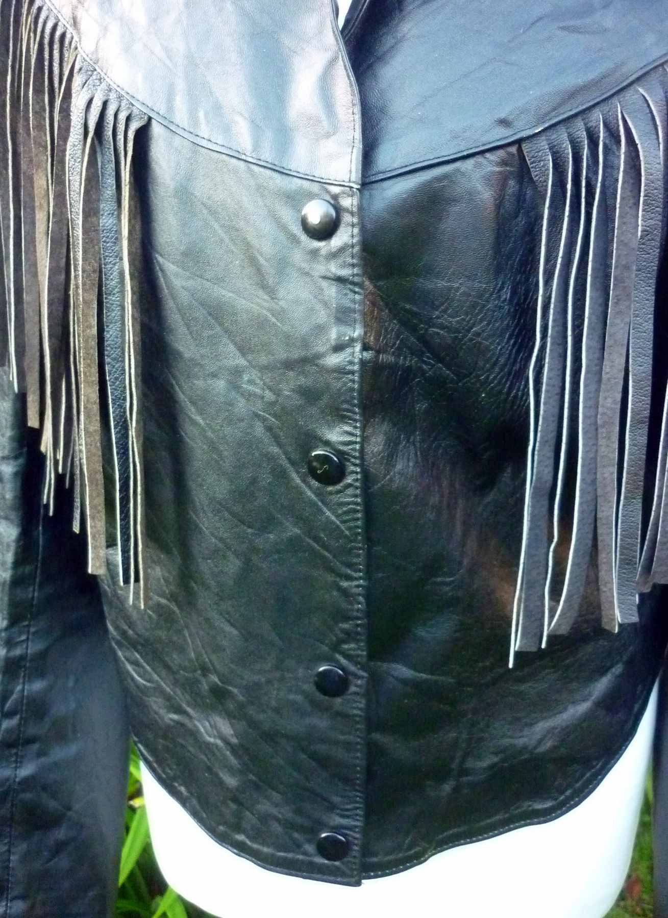 Black Fringed Jacket Real Leather 1980s Vintage D REVI Mexico UK14-16 L Biker Cropped - Image 8