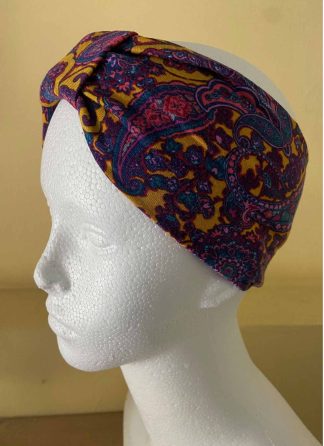 Upcycled Jersey Headband 'wear-two-ways' style purple and yellow paisley