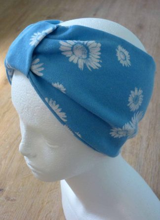 Upcycled Jersey Headband 'Wear-two-Ways' Style Light Blue Daisy Print