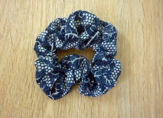 Upcycled Chiffon Hair Scrunchie Navy Blue Leaf and Spot Print