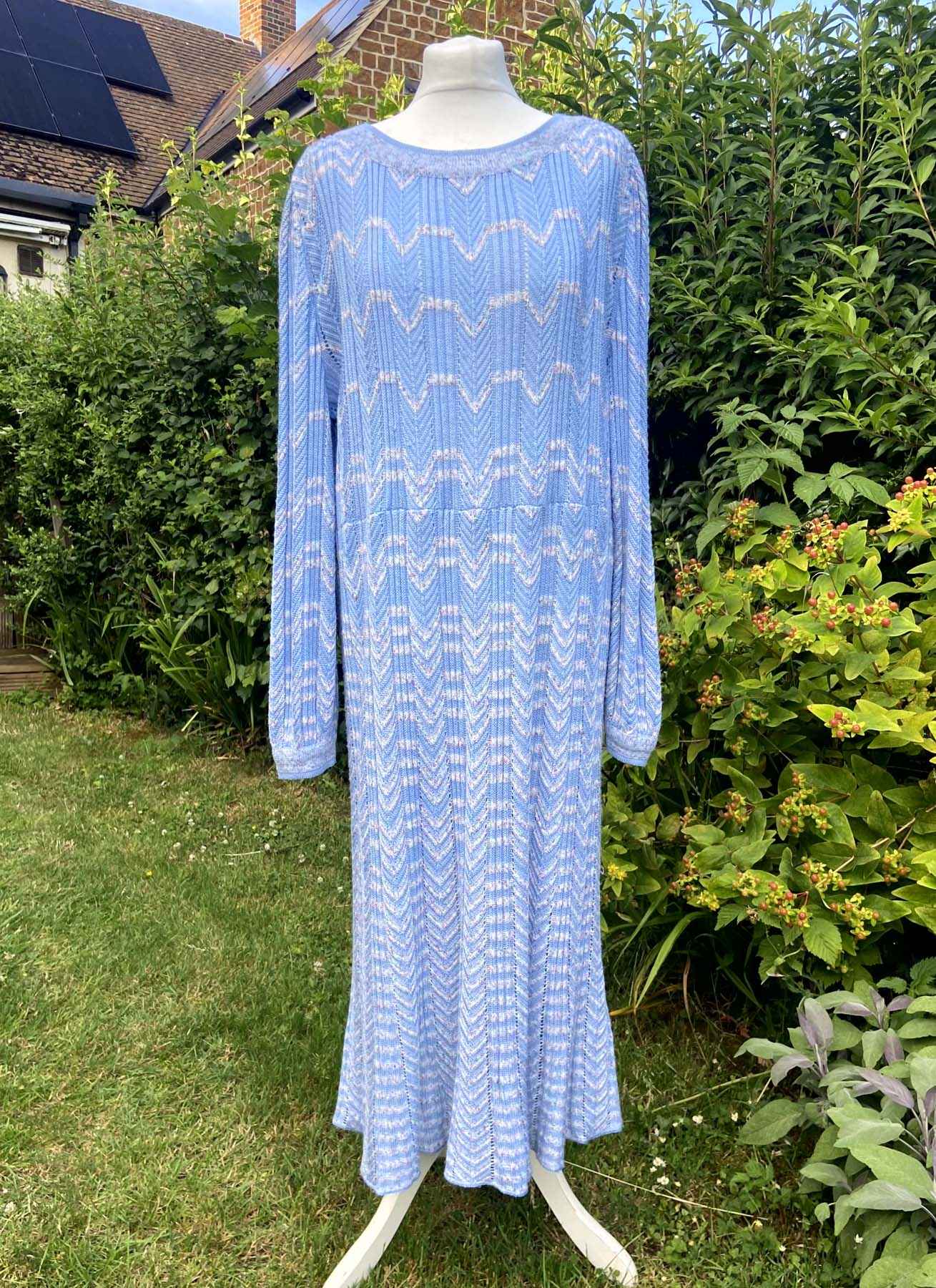 TRICOVILLE VINTAGE Light Blue Knit Dress UK 18 80s Italian Designer Maxi All Season