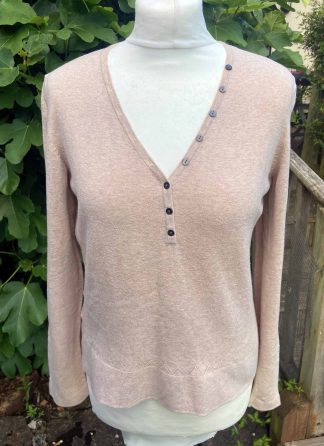Beige V Neck Lightweight Jumper LAURA ASHLEY UK14 (40) Stretch Cotton Button Detail