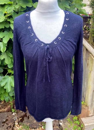 Navy Blue Round Neck Jumper LAURA ASHLEY UK12 (38) Linen Cotton Blend Eyelet Detail