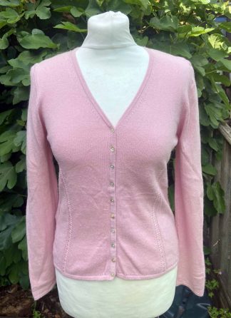 Pink V Neck Vintage Cardigan LAURA ASHLEY UK10 36 / M Cotton Angora Embellished