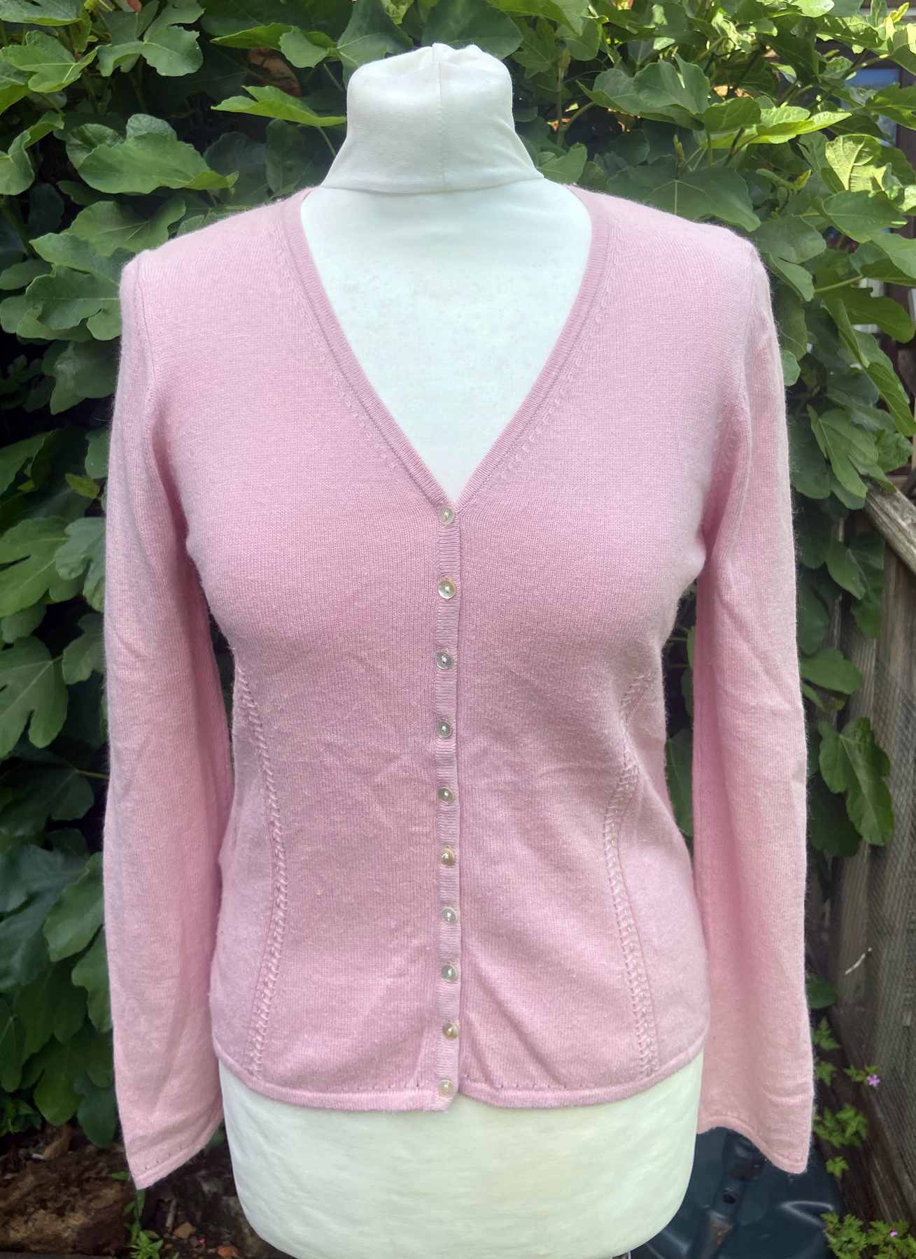 Pink V Neck Vintage Cardigan LAURA ASHLEY UK10 36 / M Cotton Angora Embellished