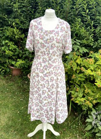 ETAM VINTAGE Cream Pink Floral Tea Dress Size UK 14 80s Button Front Summer