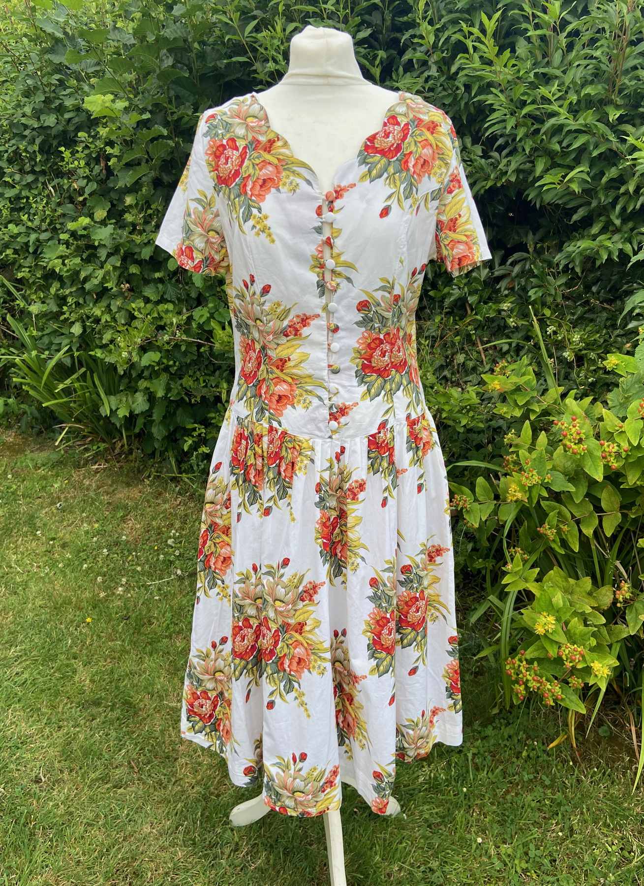 M&S VINTAGE Cream Red Floral Tea Dress Size UK 14 80s Button Front Cotton Summer