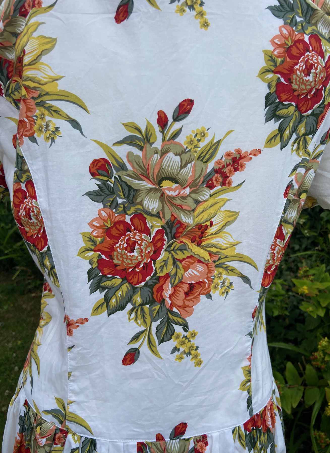 M&S VINTAGE Cream Red Floral Tea Dress Size UK 14 80s Button Front Cotton Summer - Image 6