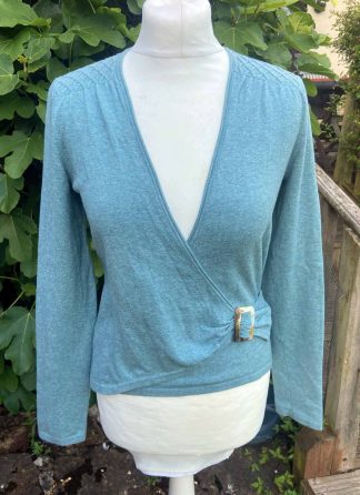 Turquoise Green V Neck Ballet Wrap Cardigan LAURA ASHLEY UK 10 (36) Cotton Blend