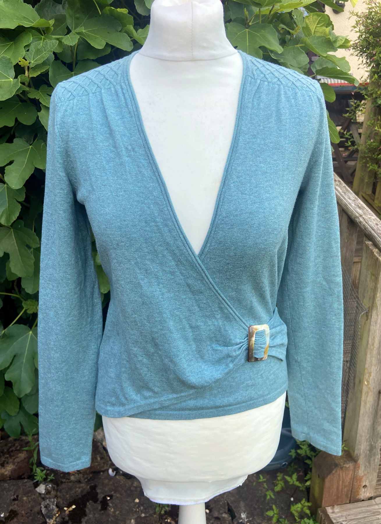 Turquoise Green V Neck Ballet Wrap Cardigan LAURA ASHLEY UK 10 (36) Cotton Blend