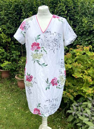 JOULES KATE Linen Floral Shift Dress Size UK 10 V Neck Short Sleeve Lined Summer
