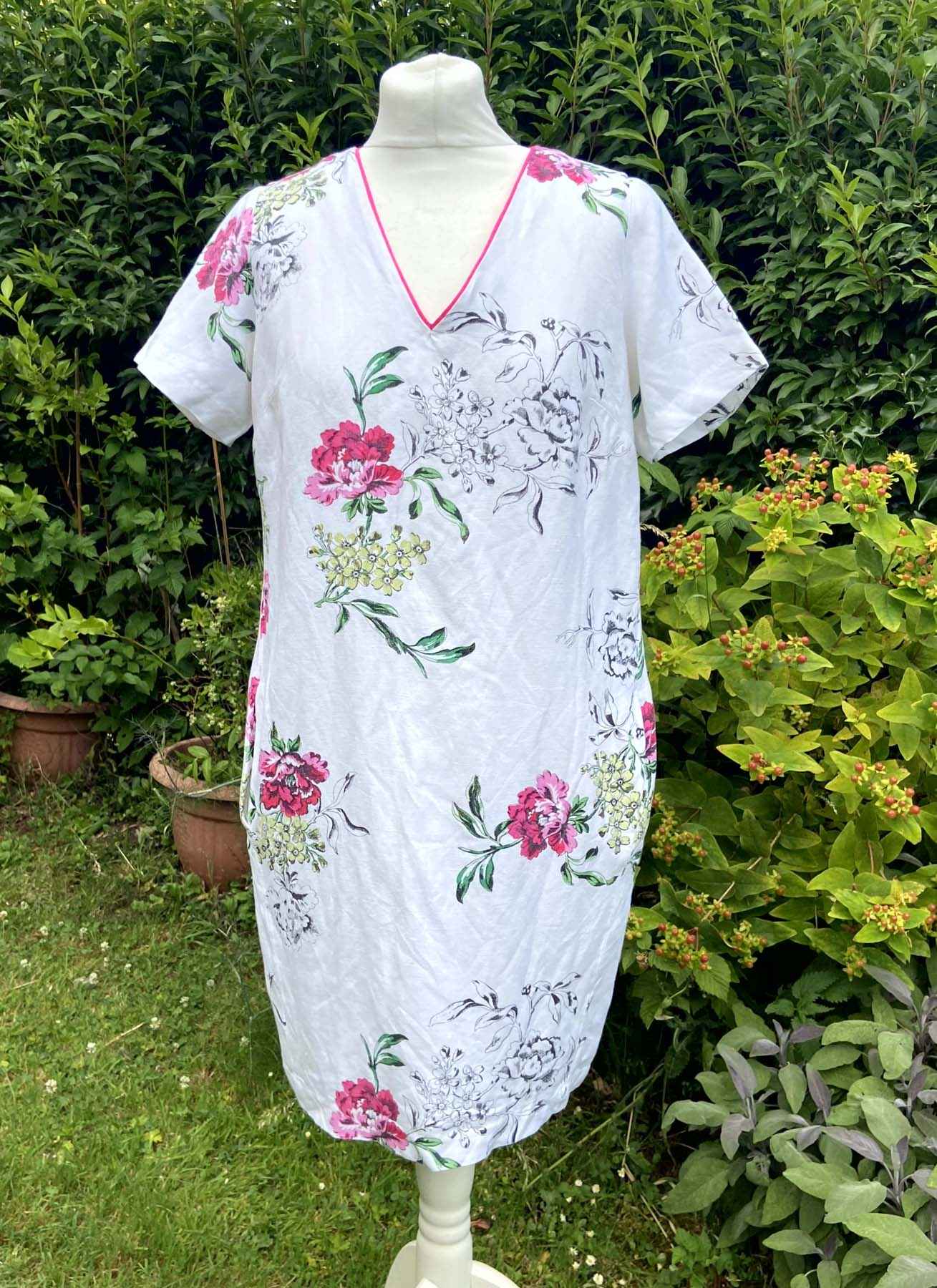 JOULES KATE Linen Floral Shift Dress Size UK 10 V Neck Short Sleeve Lined Summer