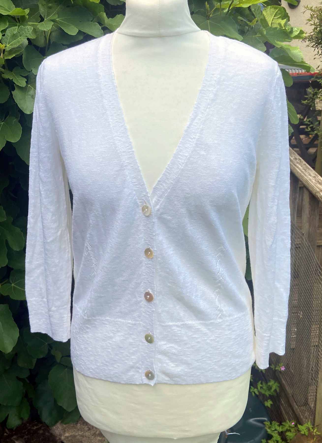 White V Neck Cardigan LAURA ASHLEY Size UK 12 Linen Cotton Blend Fine Knit