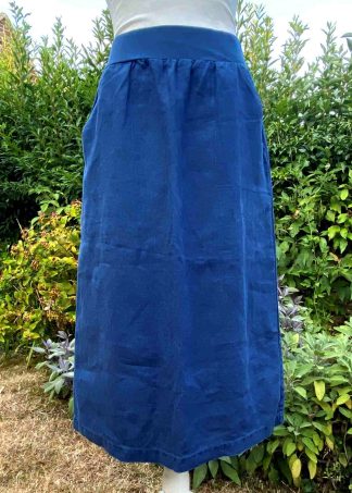 SEASALT Navy Blue Linen Straight Skirt UK10 Angel Ray Pockets Back Split Elastic Waist Midi