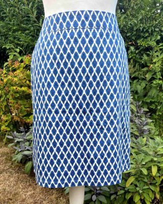 JOULES Blue Claris Damask Stretch Cotton Straight Skirt UK10 Lined Pockets Above Knee Length