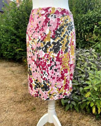 M&S Pink Green Floral Stretch Cotton Straight Skirt UK10 Lined Above Knee All Season