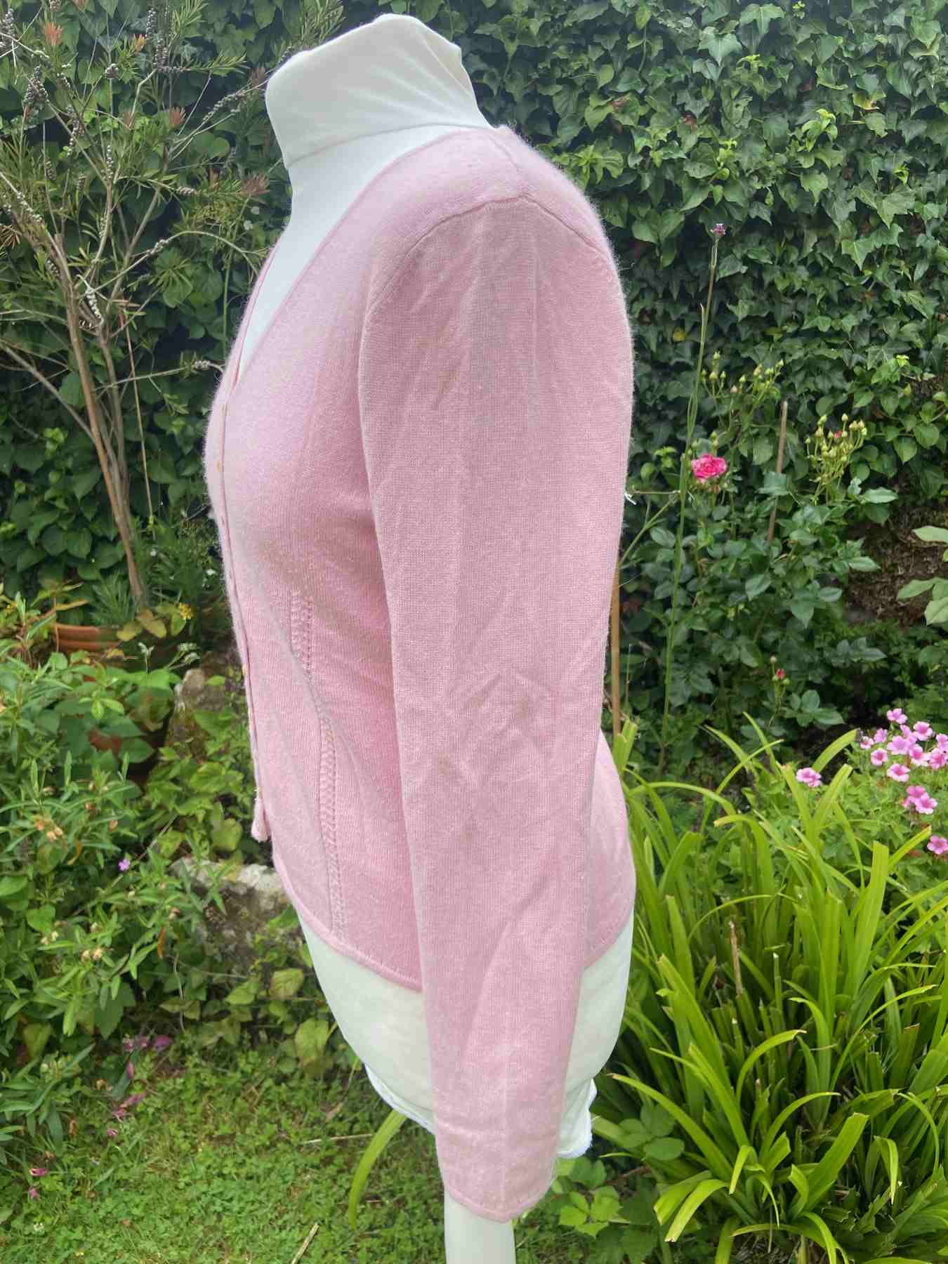 Pink V Neck Vintage Cardigan LAURA ASHLEY UK10 36 / M Cotton Angora Embellished - Image 3