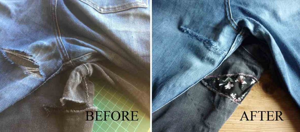 Before and After of blue and black denim jeans with tears repaired with iron on reverse repair patches by vintage-patch.co.uk in floral and denim designs